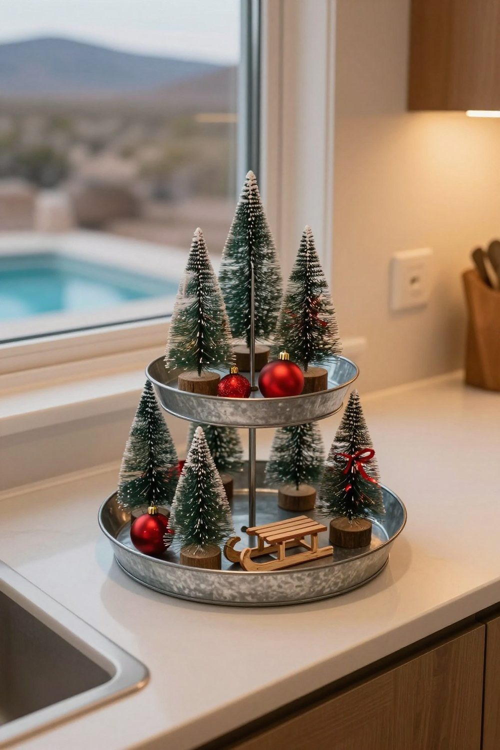 Two-tier galvanized tiered tray decorated with mini trees, ornaments and a tiny sled