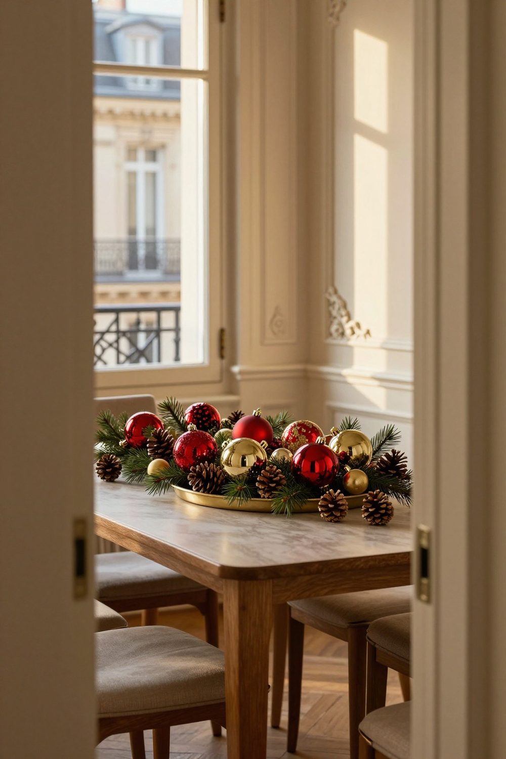 Round tray with red and gold glass ornaments, pinecones and greenery on a dining table