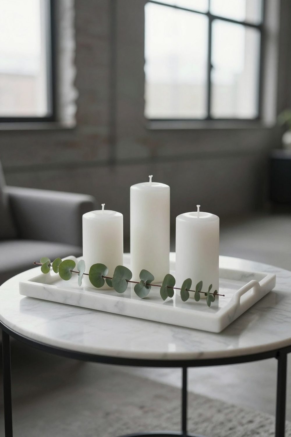 Marble tray with three white candles of different heights and a sprig of eucalyptus
