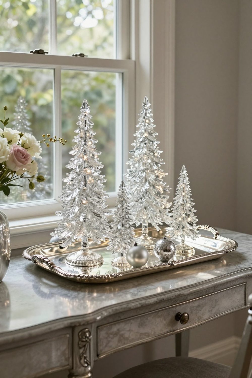Vintage silver tray with mercury glass trees and ornaments on a sideboard