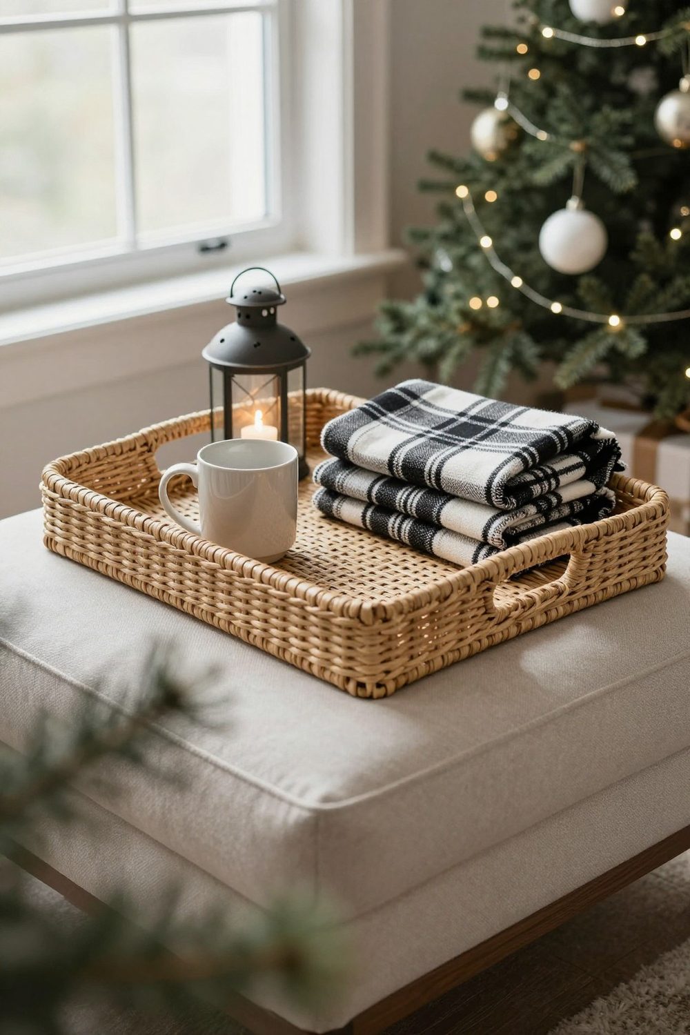 Woven rattan tray on an ottoman with a plaid throw, a mug and a small lantern