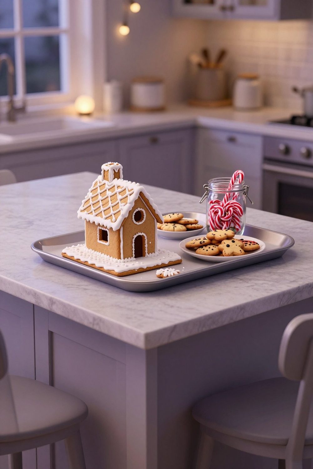 Tray with a small gingerbread house, cookies and a jar of candy