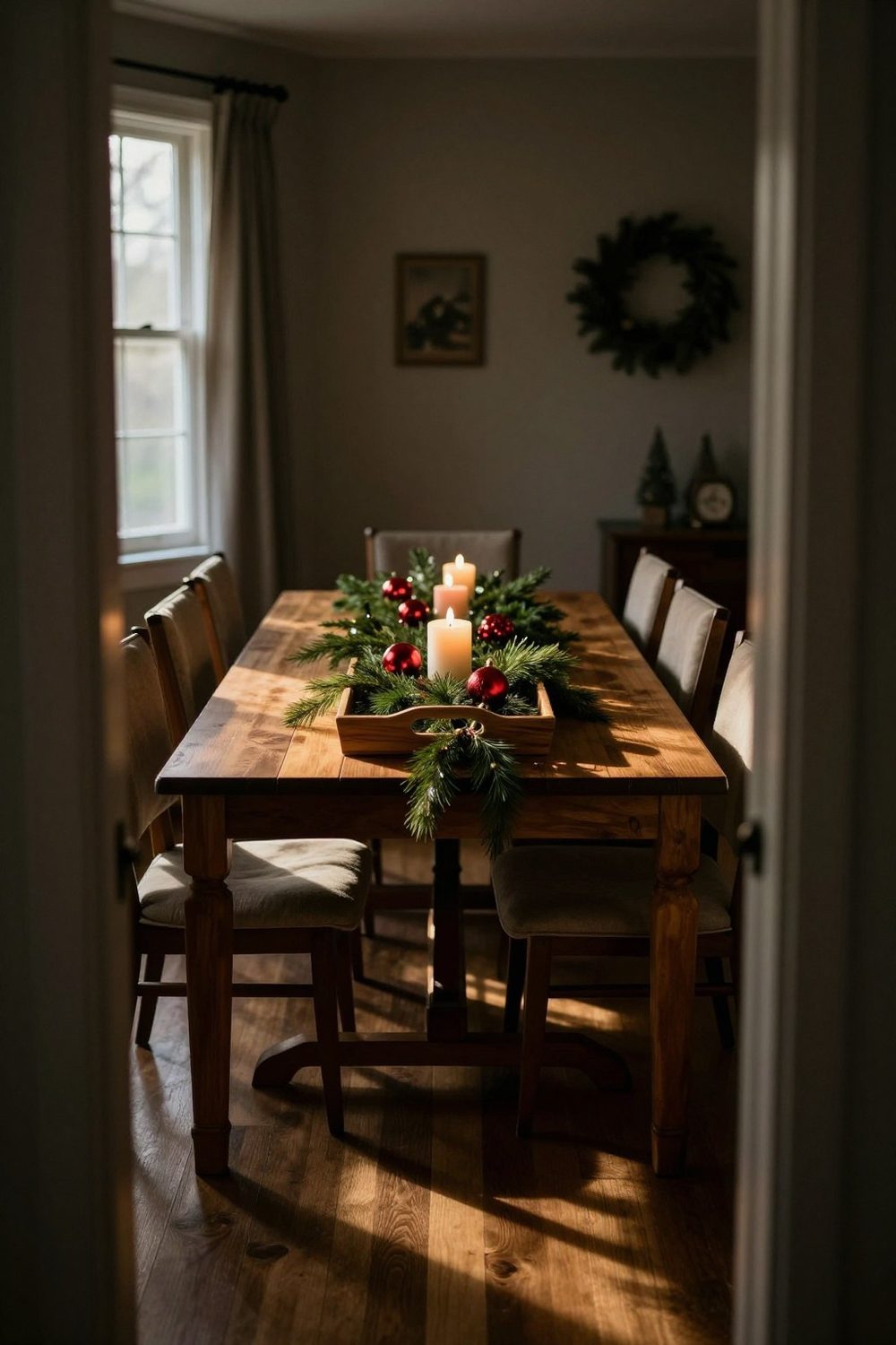 Long wooden tray down the center of a dining table with greenery, ornaments and candles