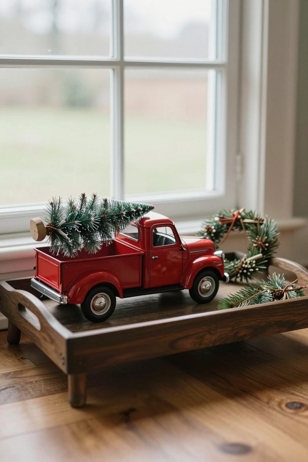 Tray with a vintage red truck carrying a mini tree, beside a small wreath