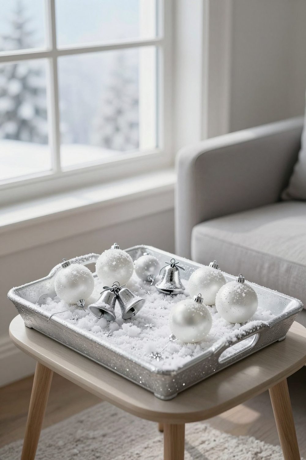 White and silver winter tray with white ornaments, faux snow and silver bells