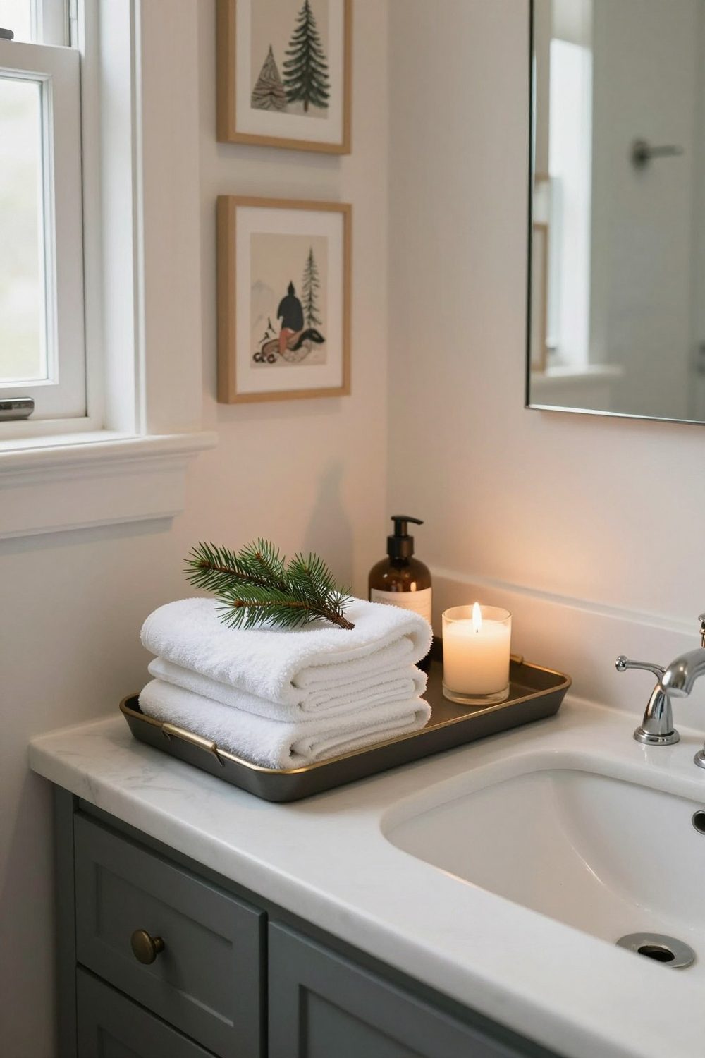 Bathroom vanity tray with a small evergreen sprig, a candle and folded guest towels
