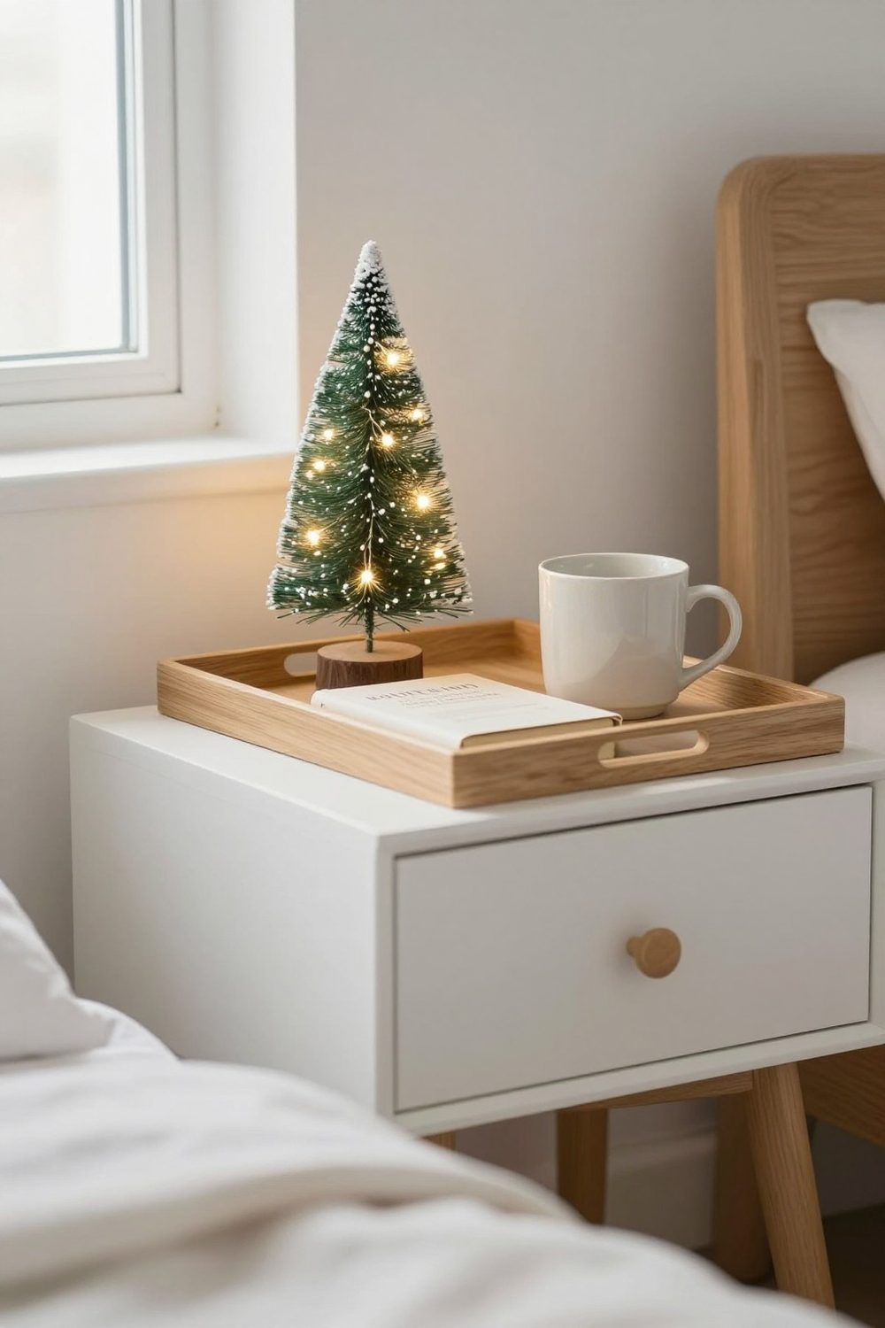 Nightstand tray in a bedroom with a small lit tree, a book and a mug