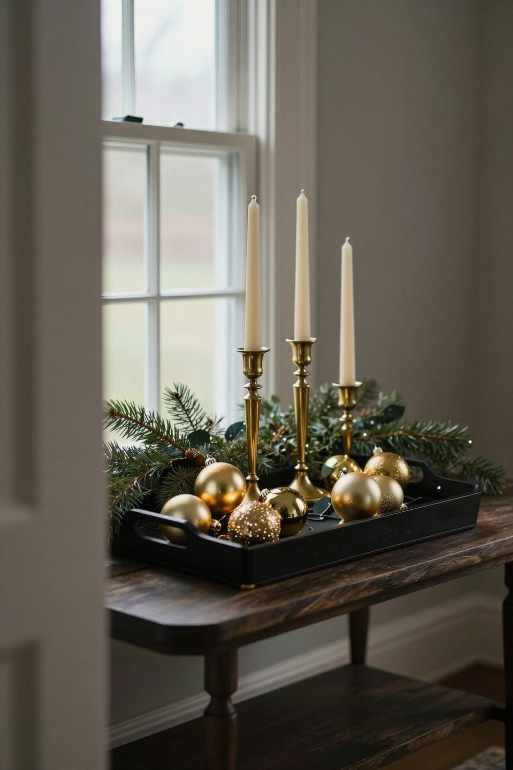 Black tray with gold ornaments, brass candlesticks and dark greenery