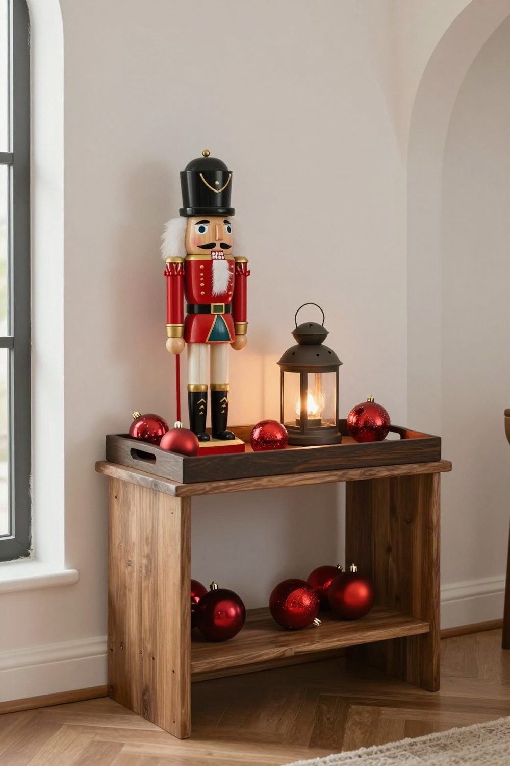 Tray with a nutcracker figure, red ornaments and a small lantern