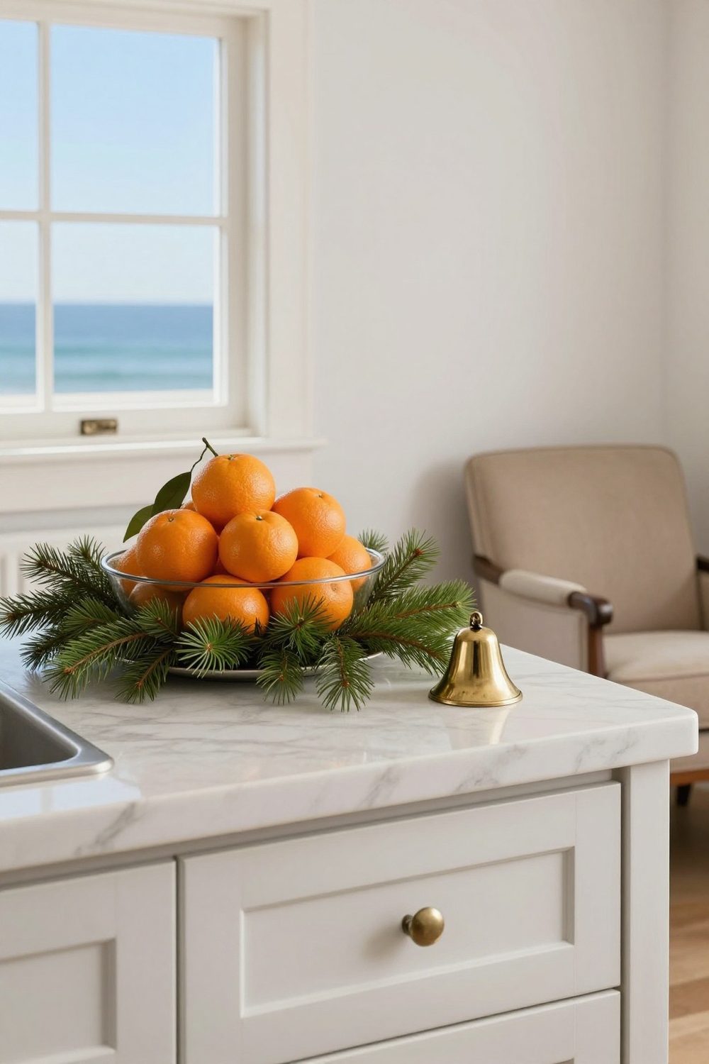 Kitchen island tray with a bowl of clementines, greenery and a small brass bell