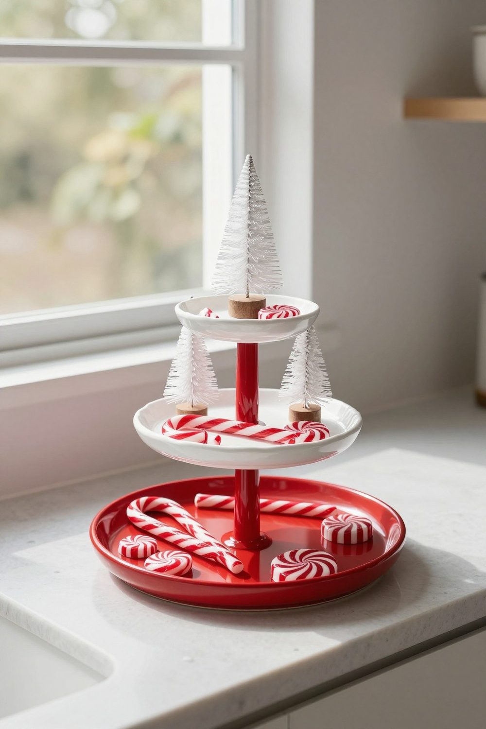 Tiered tray in red and white with candy canes, peppermint candies and mini trees