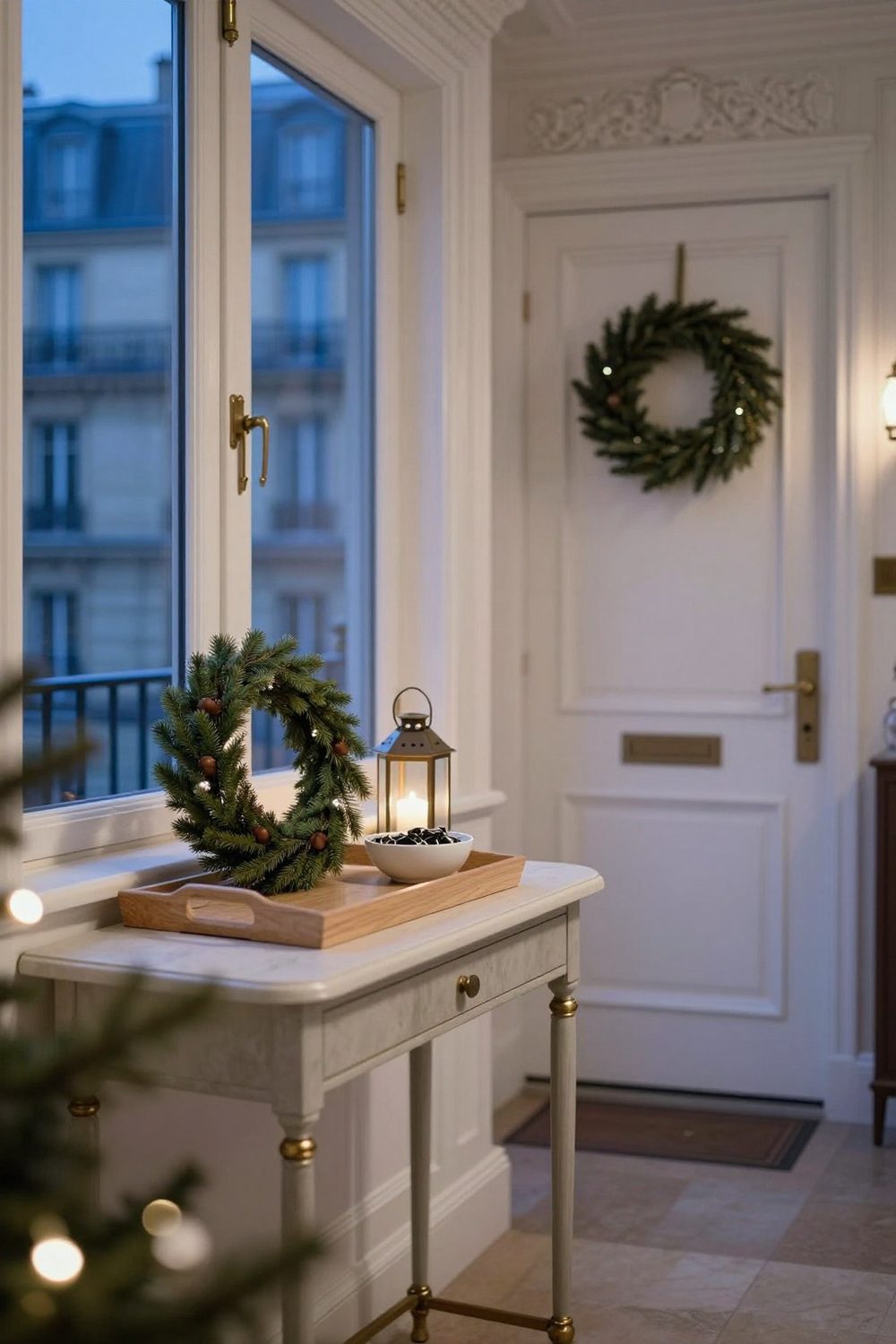 Tray on an entry console with a small wreath, a lantern and a bowl for keys