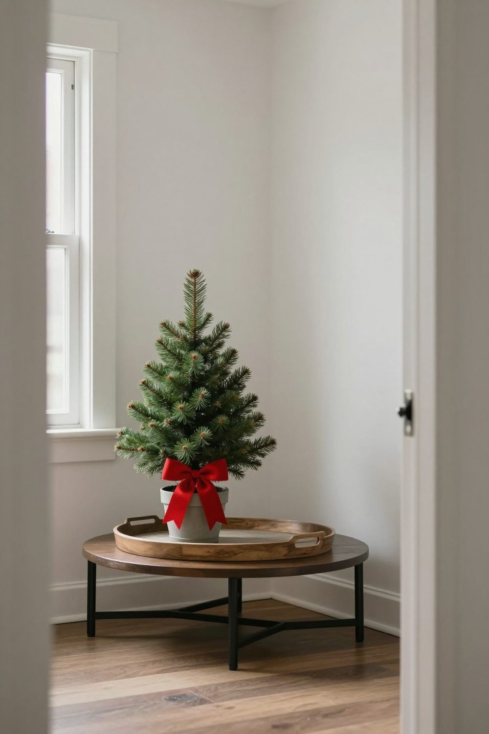Simple tray with a single small potted evergreen tree and a red ribbon bow