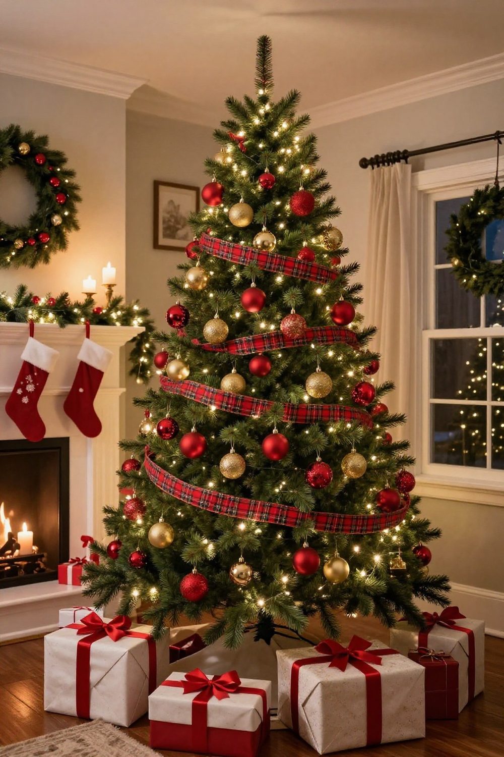 Traditional Christmas tree decorated with red and gold ornaments, plaid ribbon and white lights