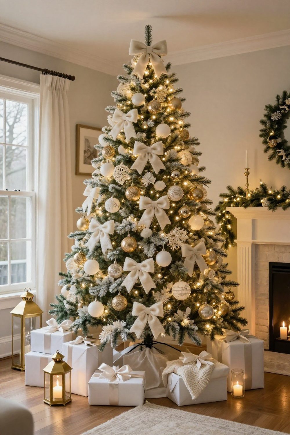 Elegant Christmas tree in white, ivory and champagne gold ornaments with velvet bows