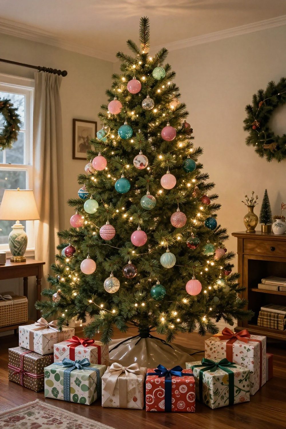 Christmas tree decorated with colorful vintage glass ornaments and old-fashioned bubble lights