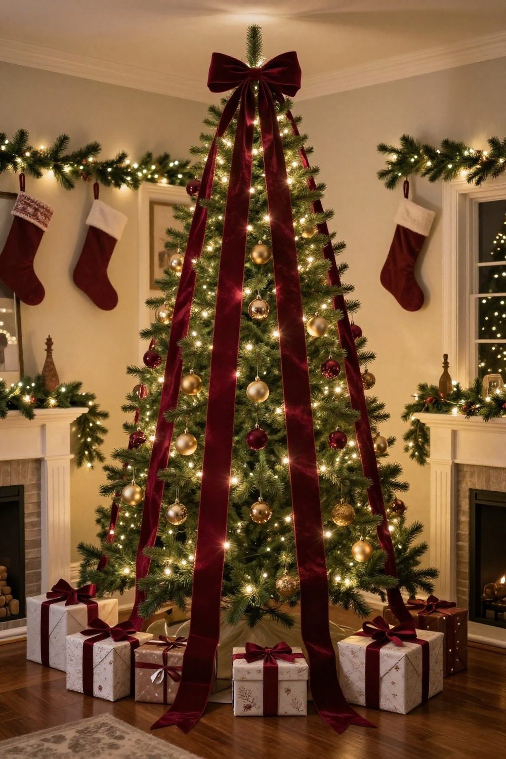 Christmas tree with wide velvet ribbon cascading vertically from top to bottom