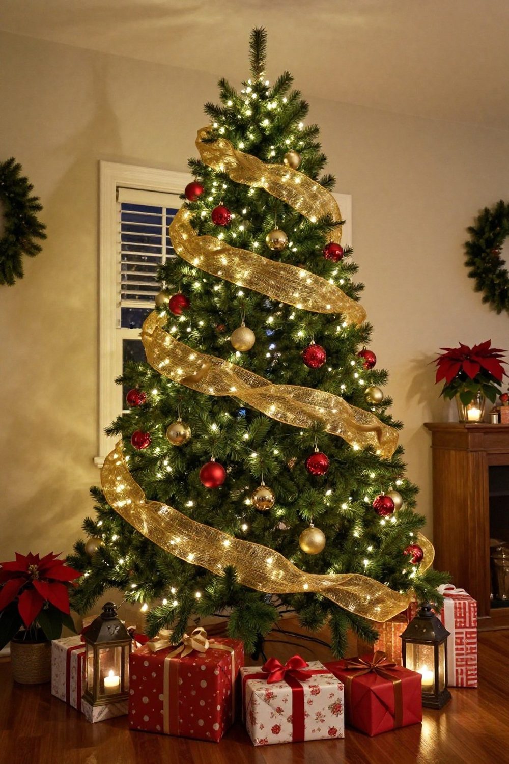 Christmas tree wrapped in a loose spiral of wide gold mesh ribbon