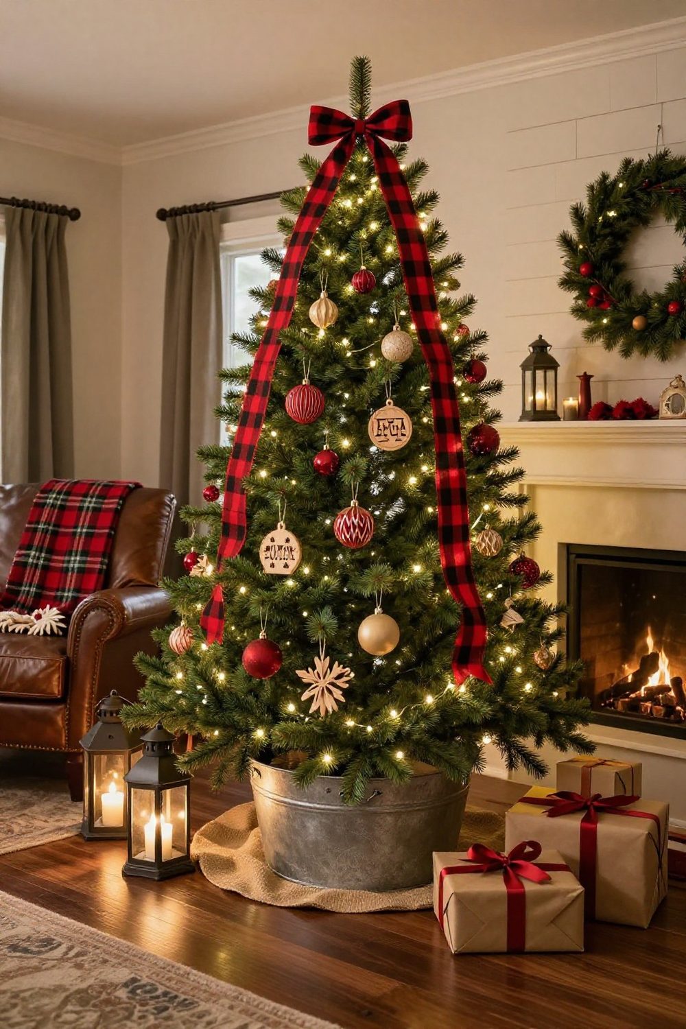 Farmhouse Christmas tree with red and black buffalo plaid ribbon, wooden ornaments and burlap