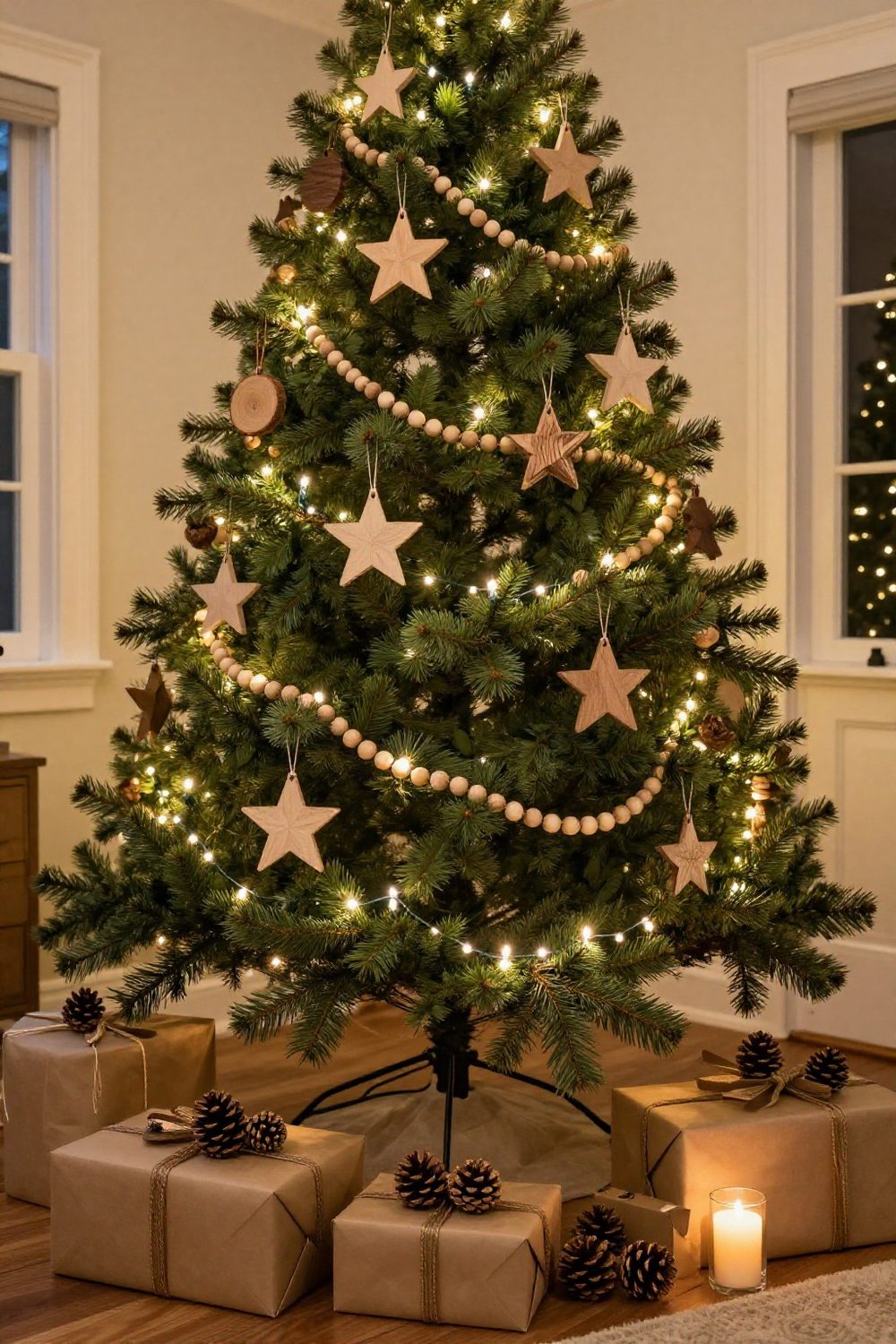 Christmas tree decorated with handmade wooden ornaments and natural wood bead garland