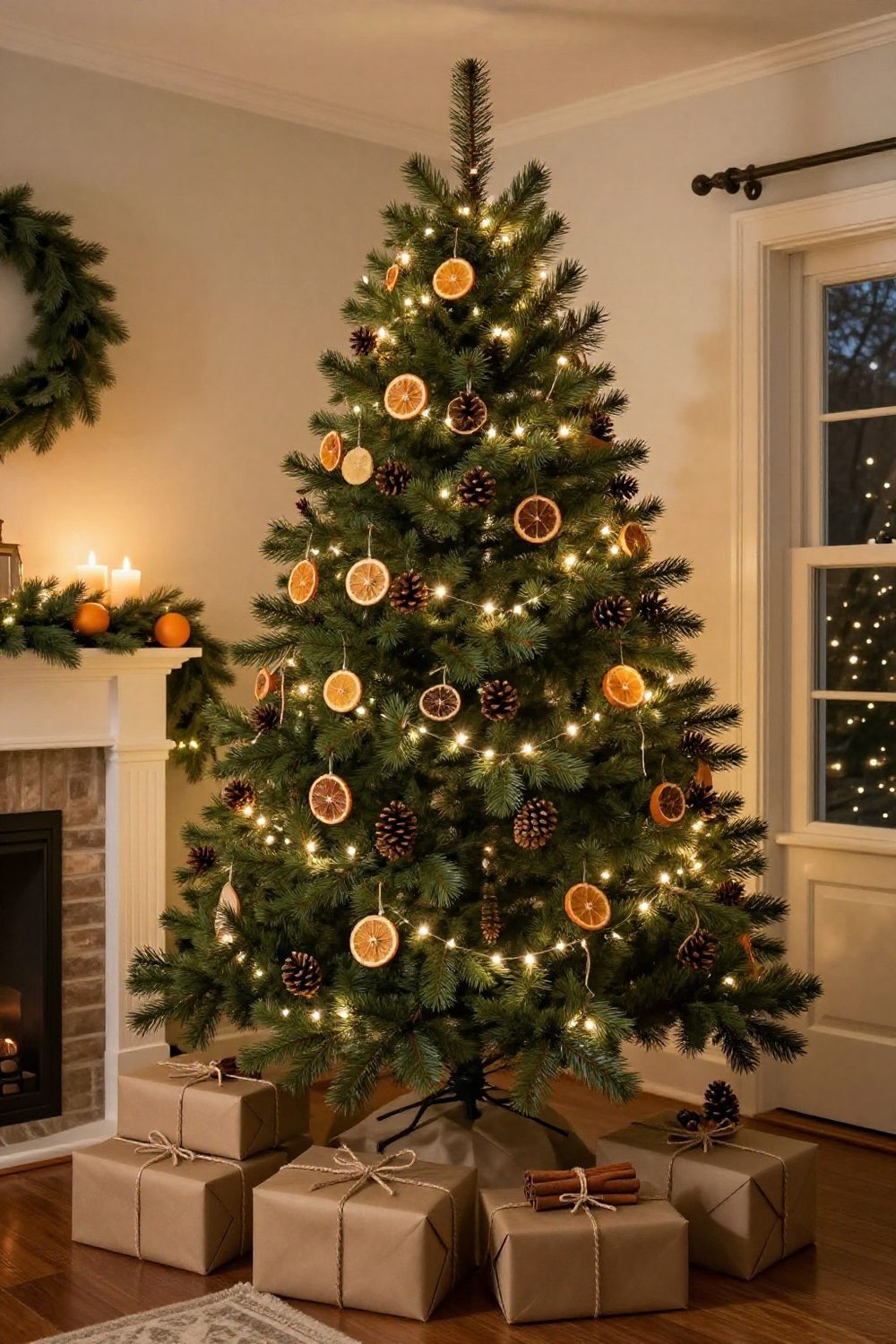 Natural Christmas tree with dried orange slices, pinecones and cinnamon stick bundles