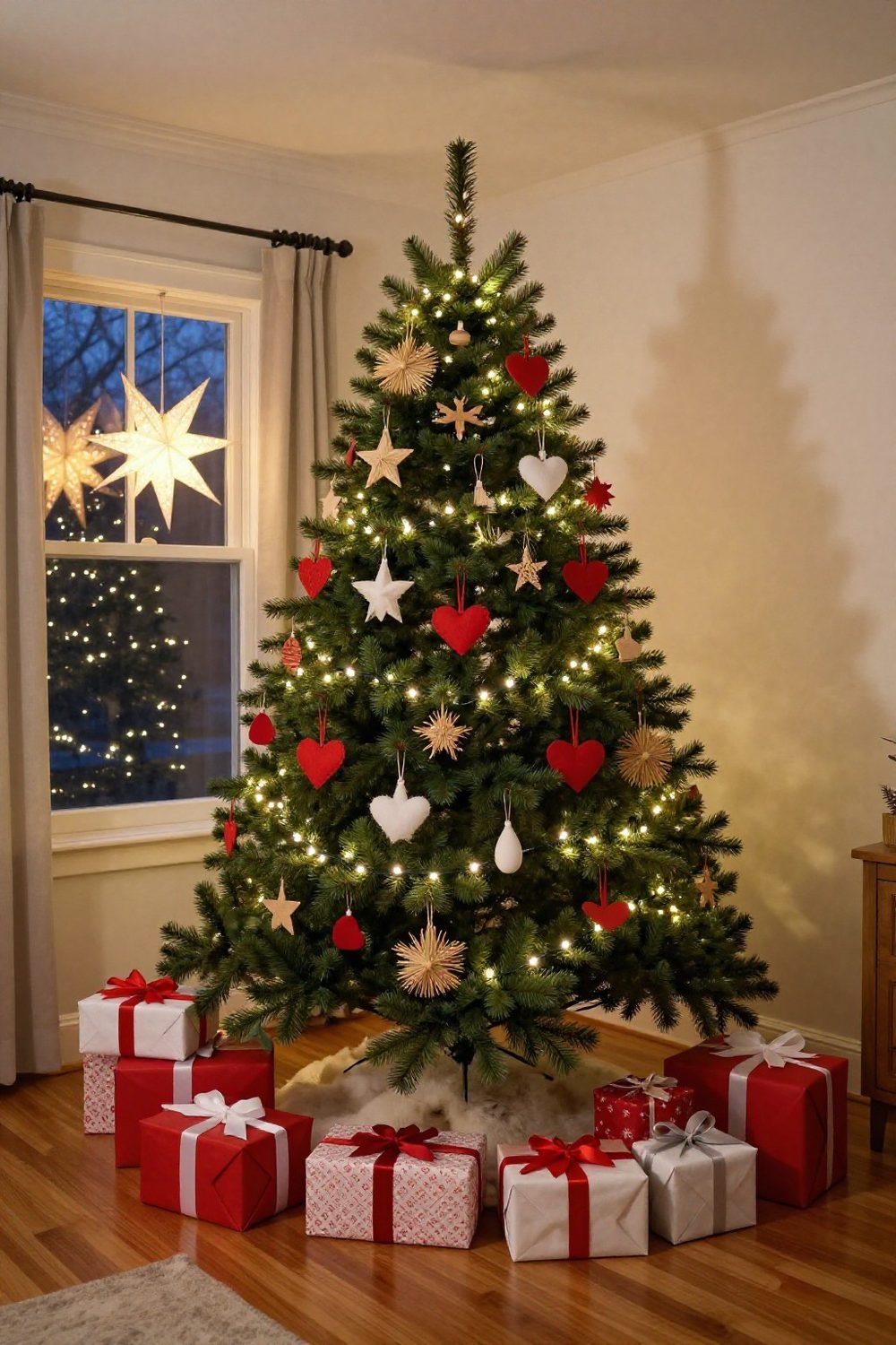 Scandinavian Christmas tree with straw stars, red and white ornaments and wooden hearts