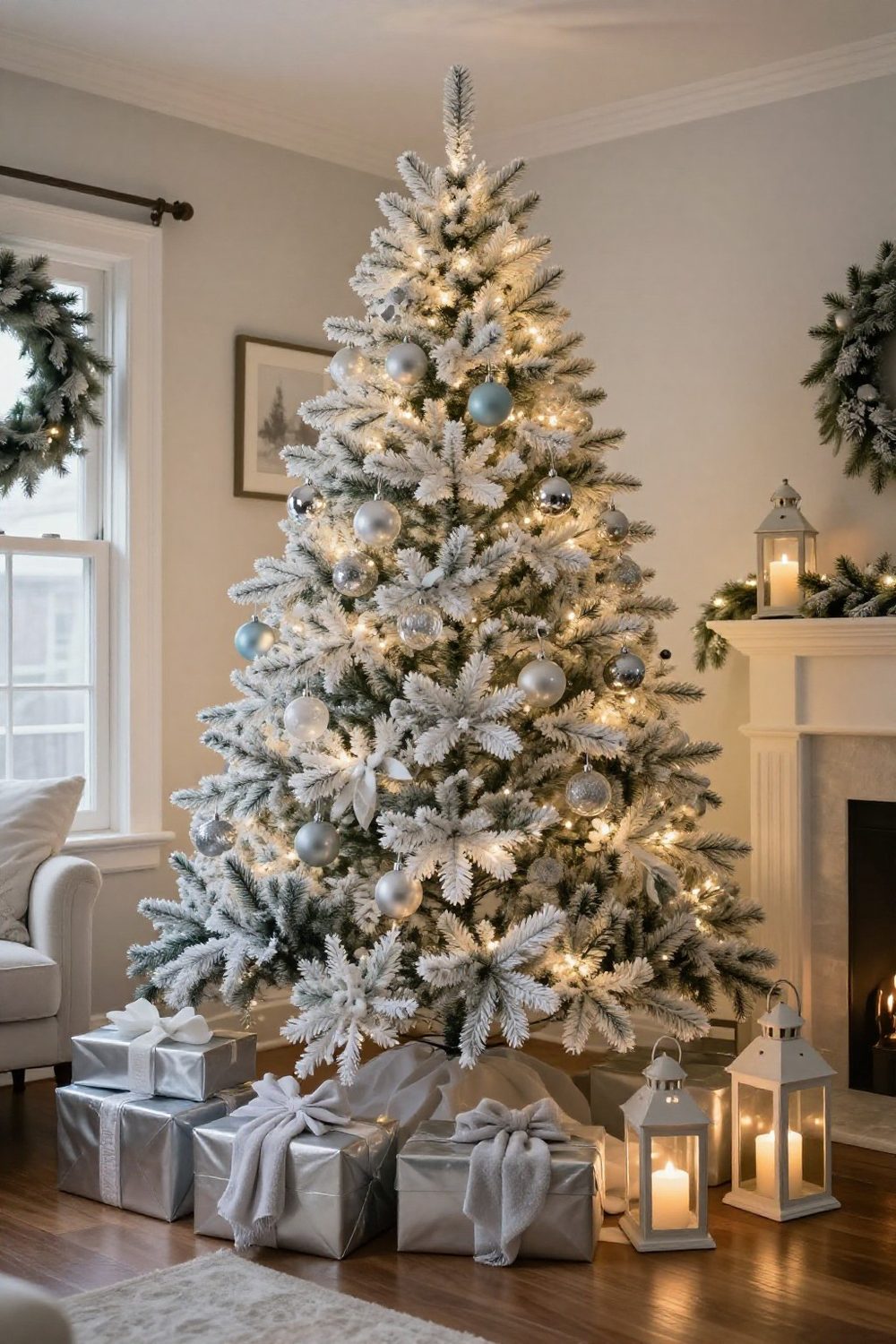 Flocked white Christmas tree decorated with silver and pale blue ornaments