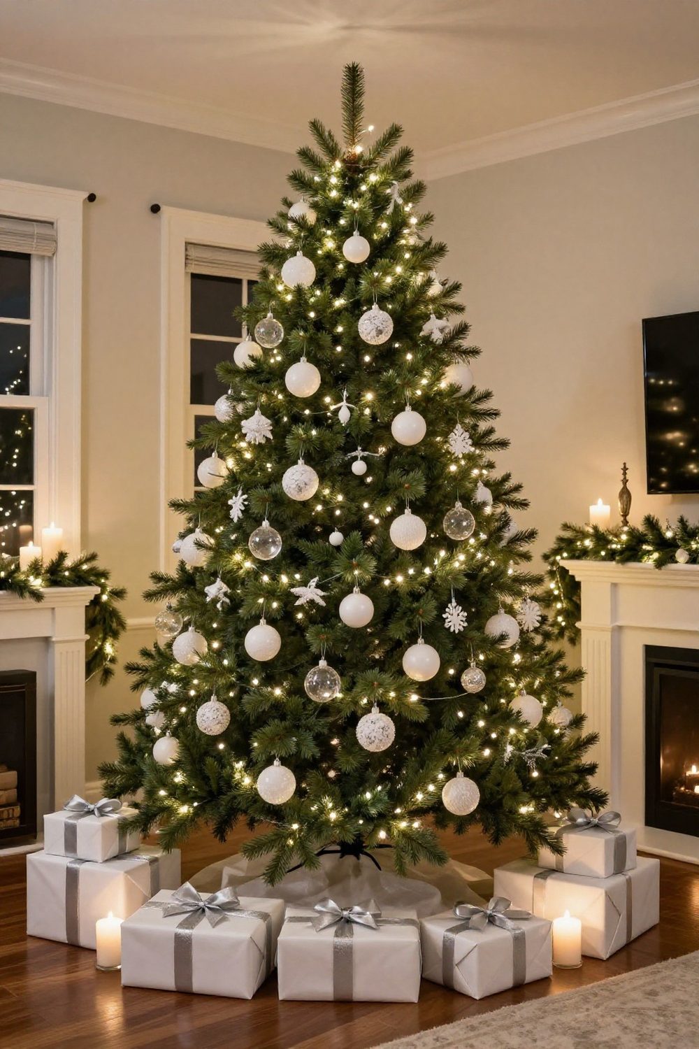 Green Christmas tree decorated only with white and clear glass ornaments and warm lights