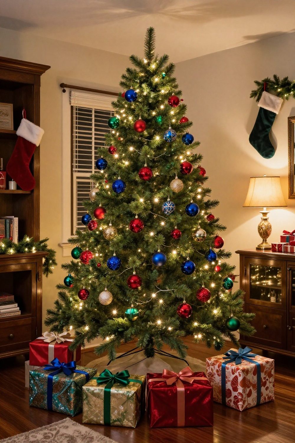Christmas tree decorated in jewel tones of emerald, sapphire and ruby with gold accents