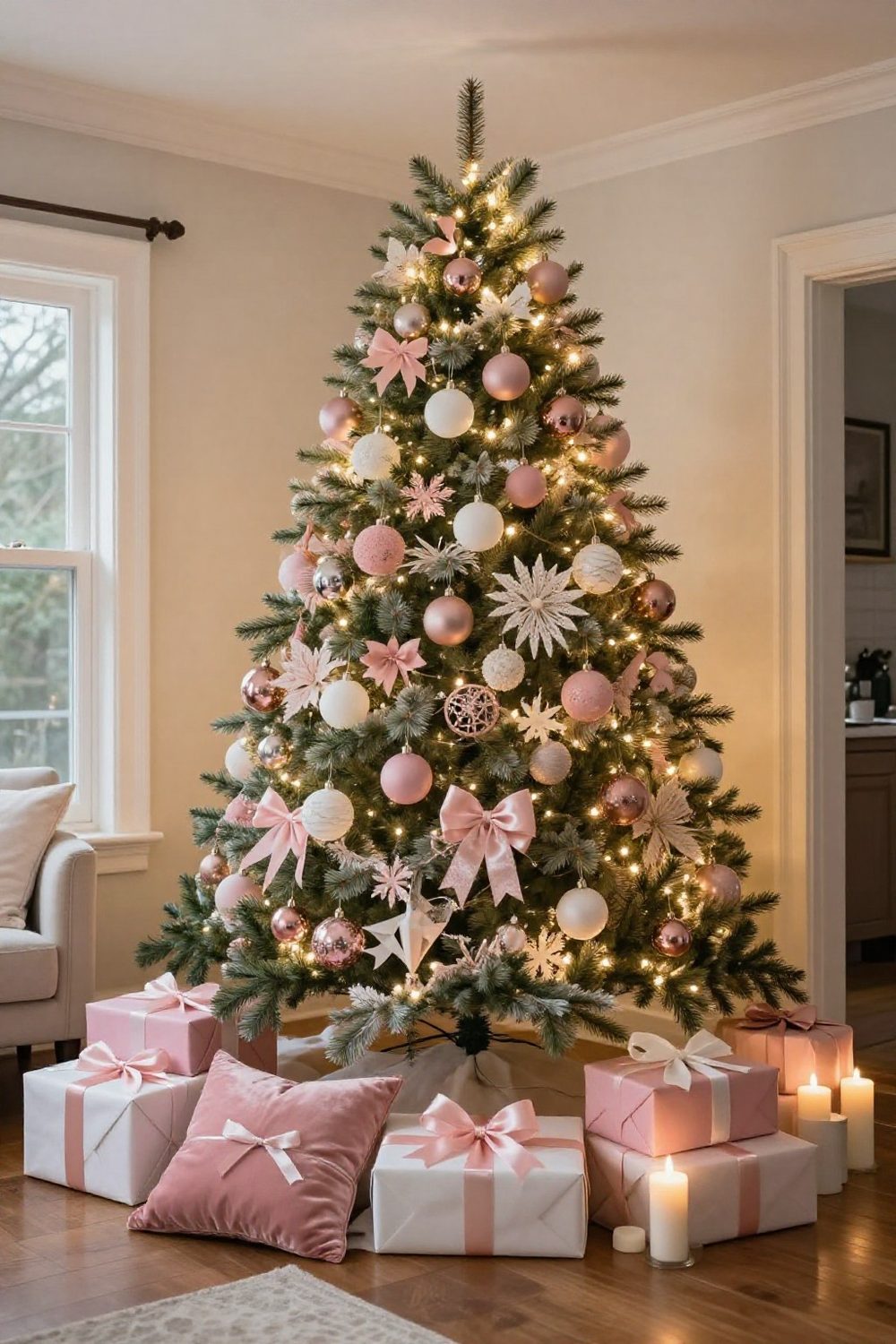 Christmas tree decorated with blush pink, rose gold and white ornaments