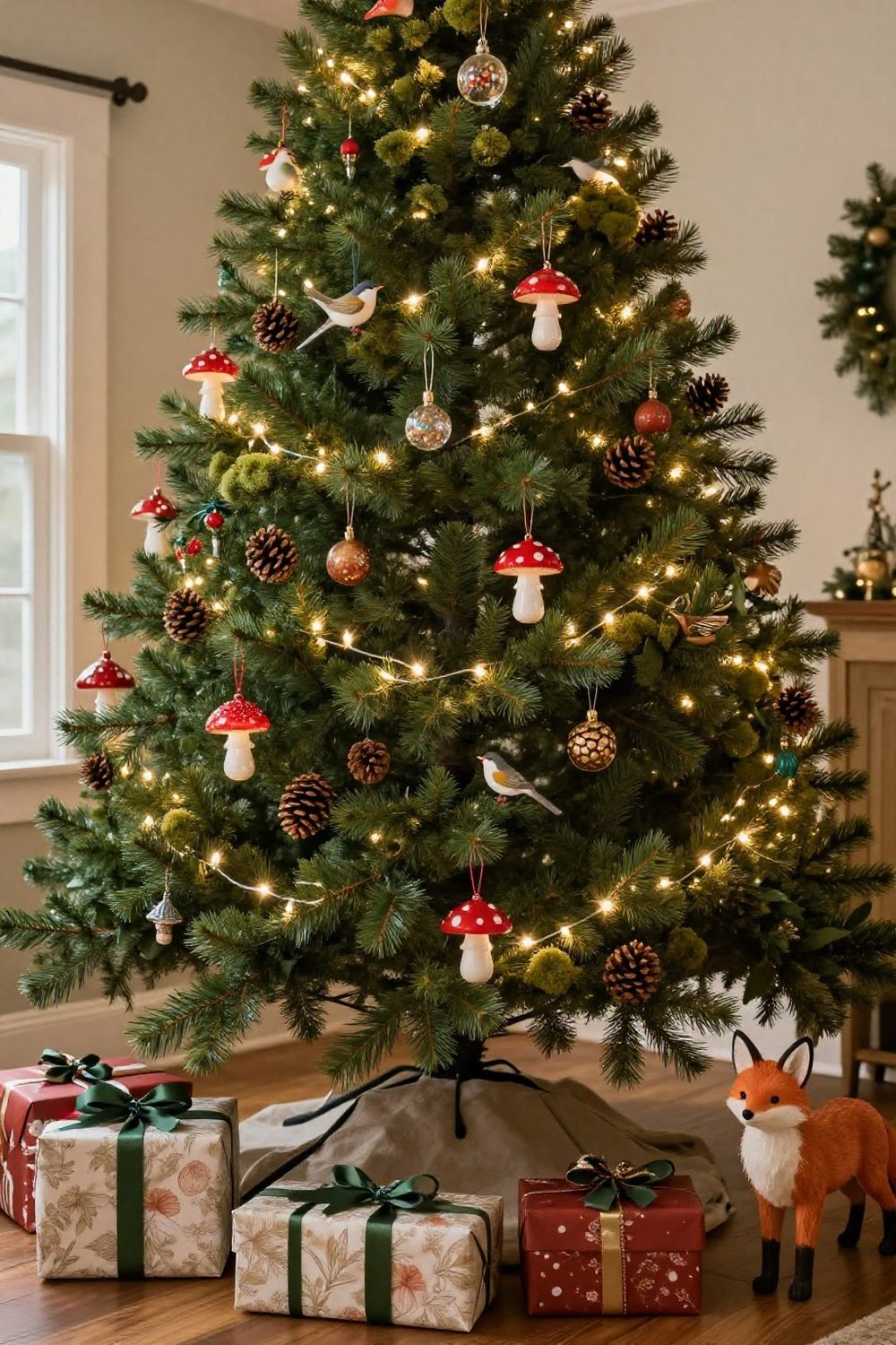 Woodland Christmas tree with bird ornaments, mushrooms, pinecones and moss