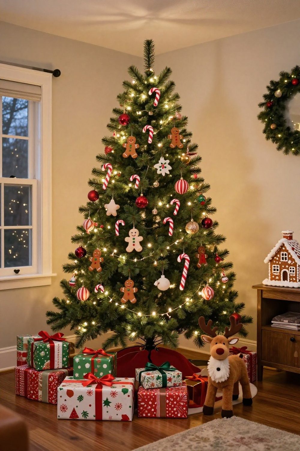 Kids' Christmas tree decorated with candy canes, gingerbread men and felt ornaments