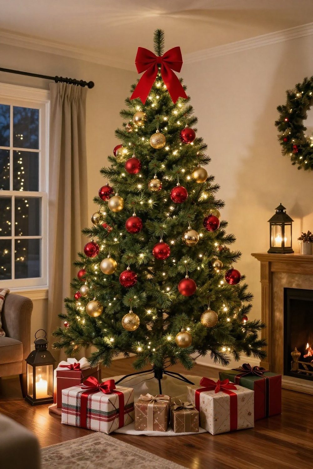 Small Christmas tree decorated with a few oversized ornaments and a big bow