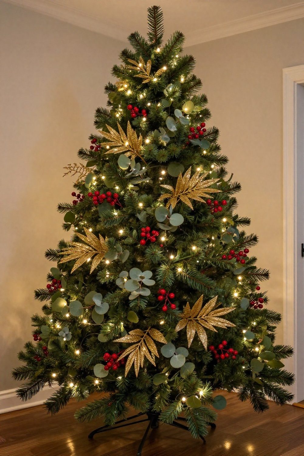 Christmas tree with eucalyptus sprays, red berry picks and glittered branches tucked in