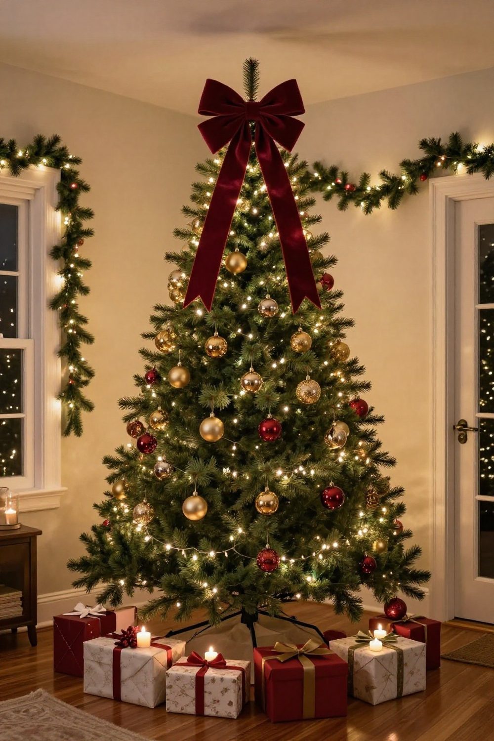 Christmas tree topped with a large velvet bow with long ribbon tails
