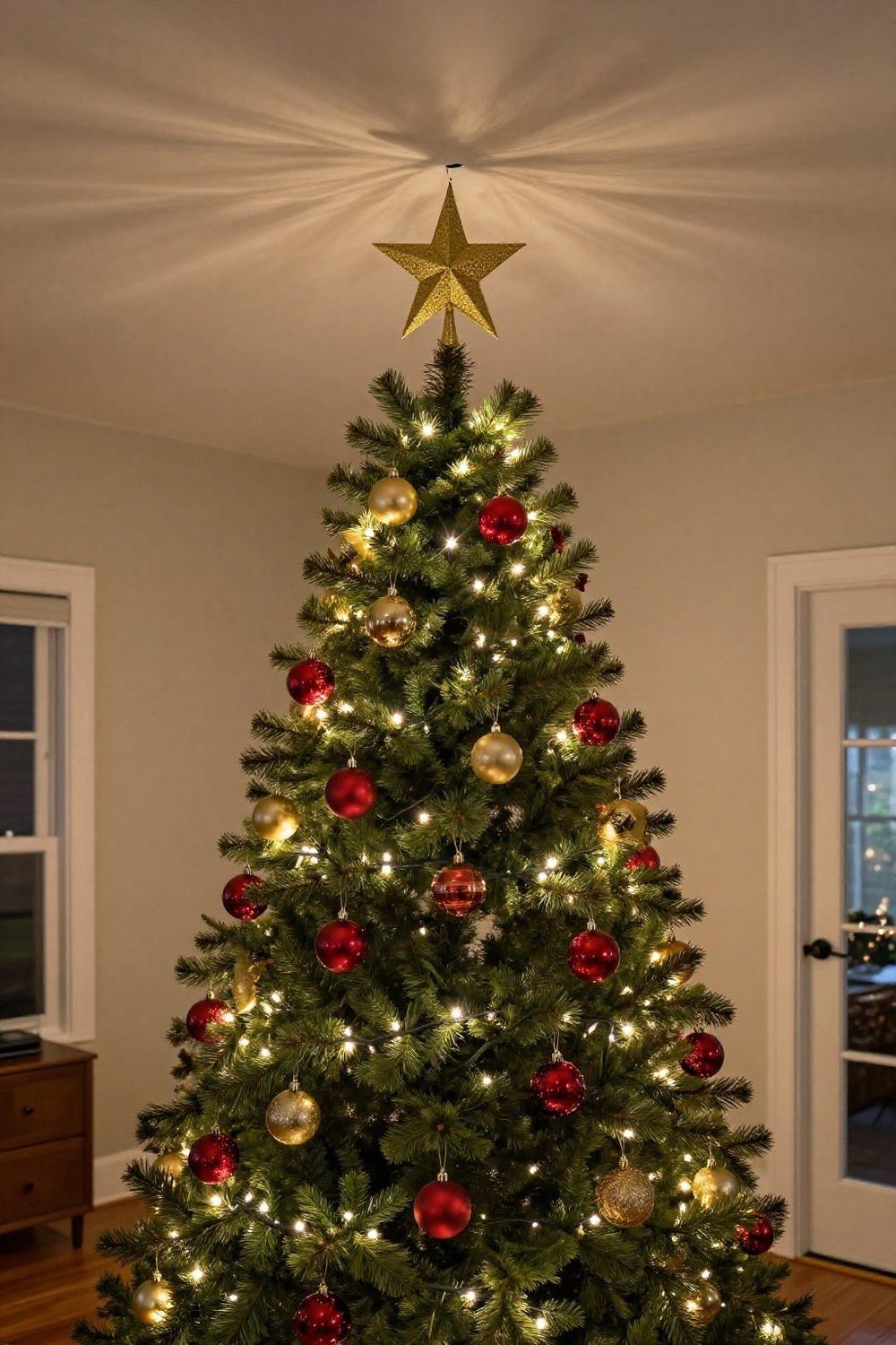 Gold star tree topper on a decorated Christmas tree close to the ceiling