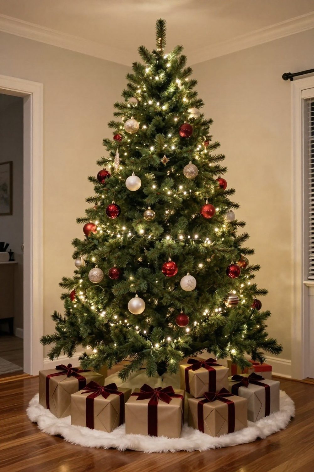 Christmas tree with a white faux fur tree skirt and wrapped gifts underneath