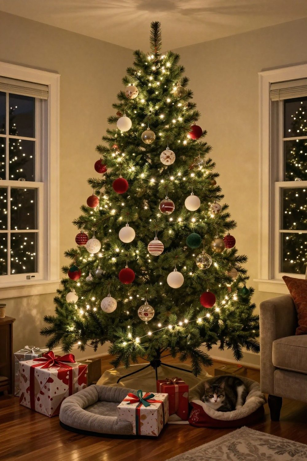 Christmas tree with only shatterproof ornaments on the lower branches and glass ornaments higher up