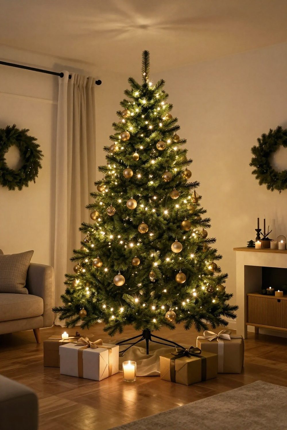 Slim pencil Christmas tree with warm lights and a few minimal gold ornaments