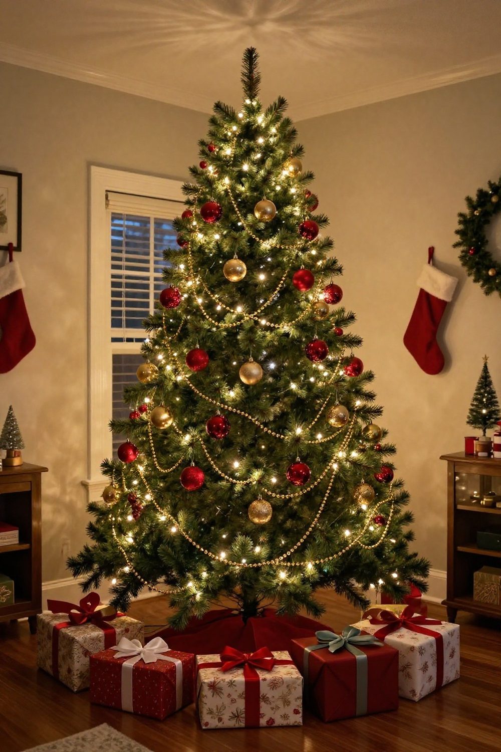 Christmas tree draped with gold bead garland swags between branches