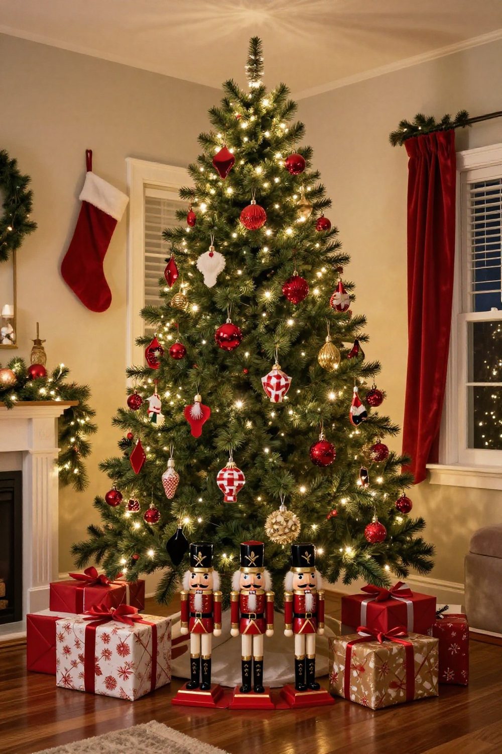 Christmas tree decorated with nutcracker ornaments in red, gold and black