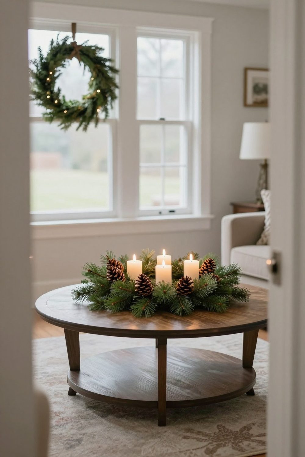 Round coffee table with a low centerpiece of greenery, pinecones and battery candles