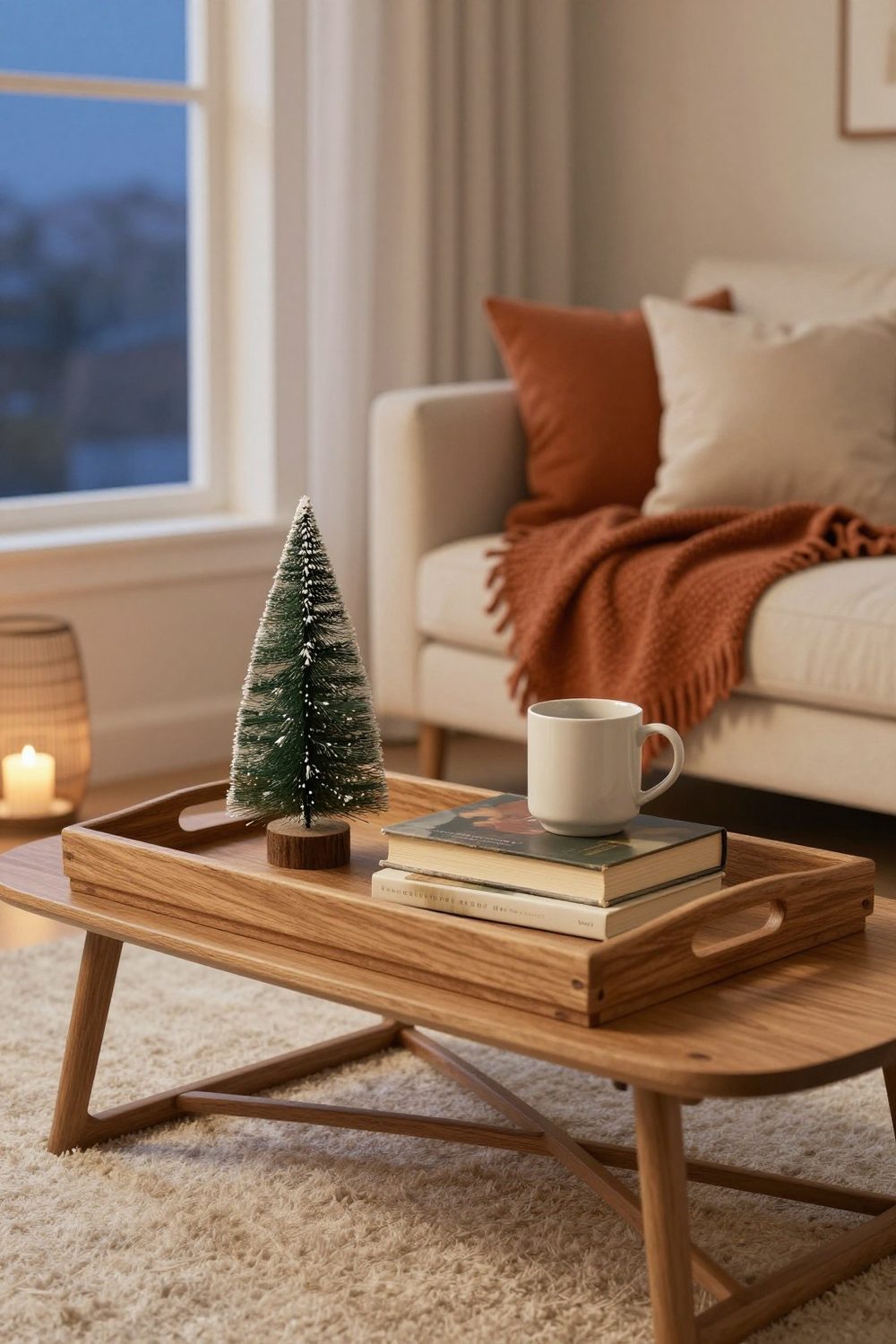 Wooden tray on a coffee table with a small tree, a mug and a stack of books