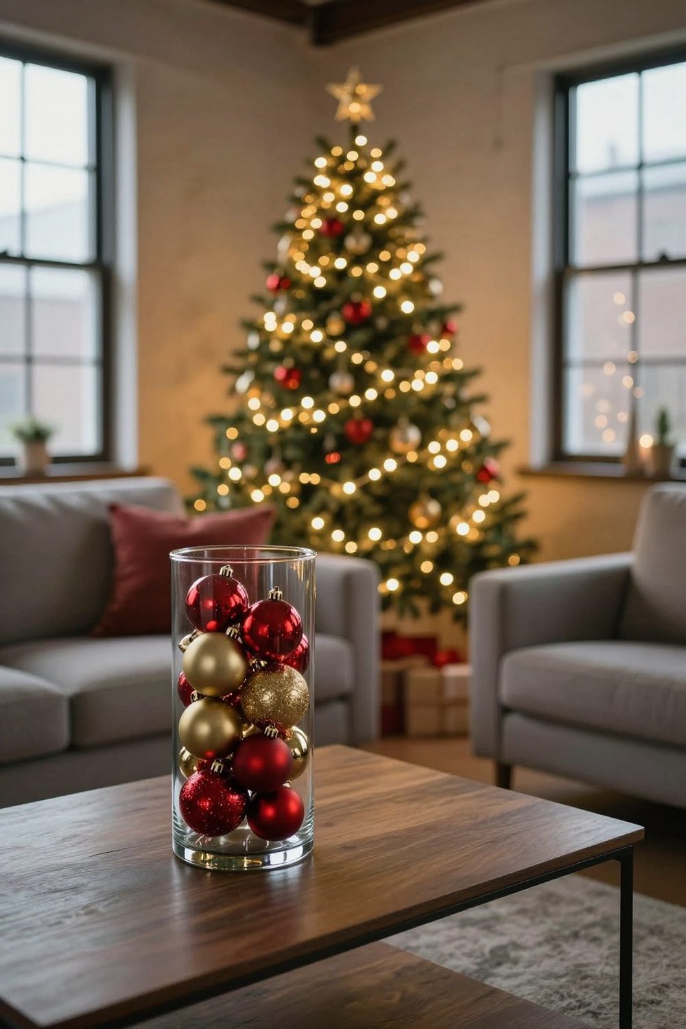 Large glass hurricane vase filled with red and gold ornaments on a coffee table