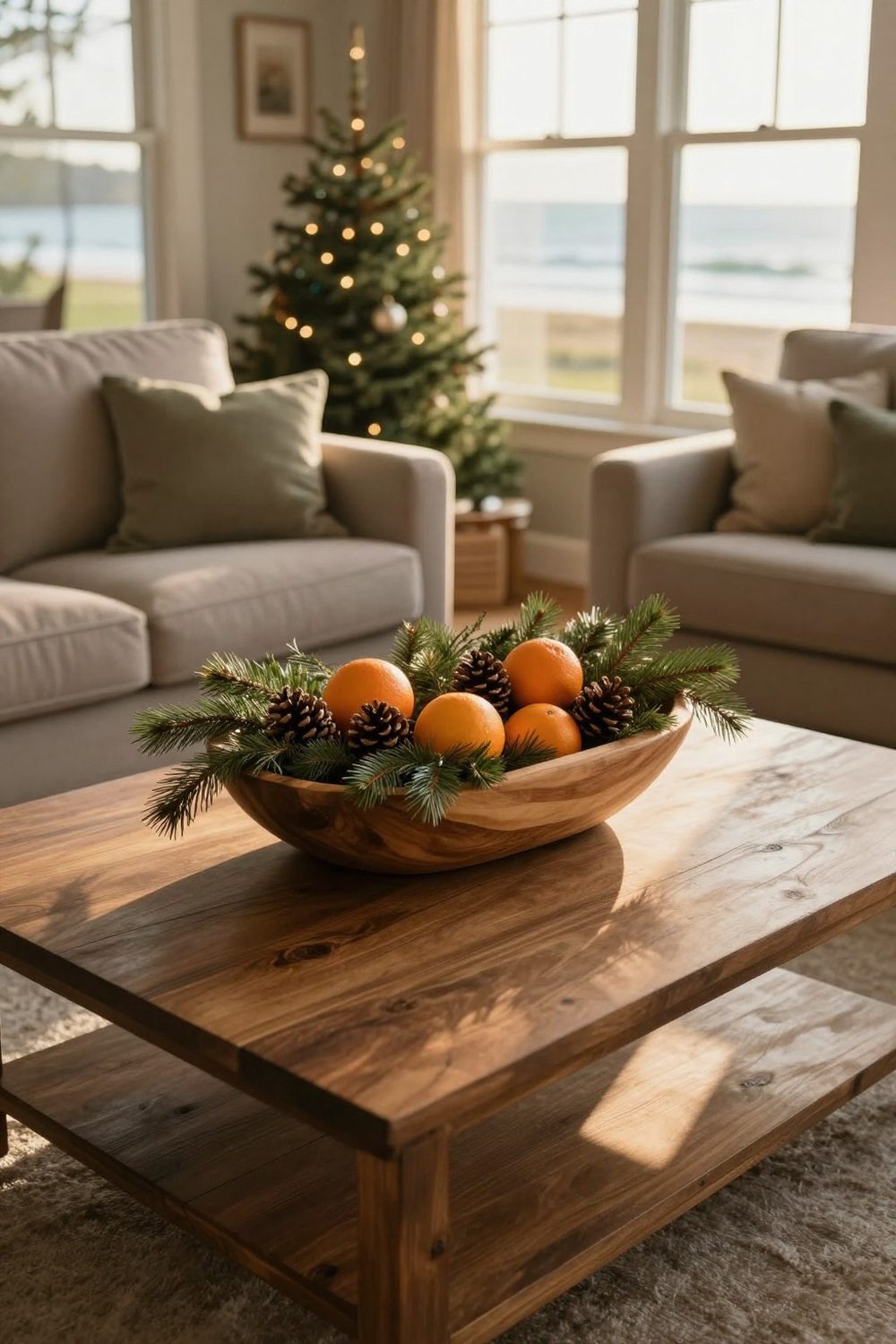 Wooden dough bowl filled with greenery, oranges and pinecones on a long coffee table