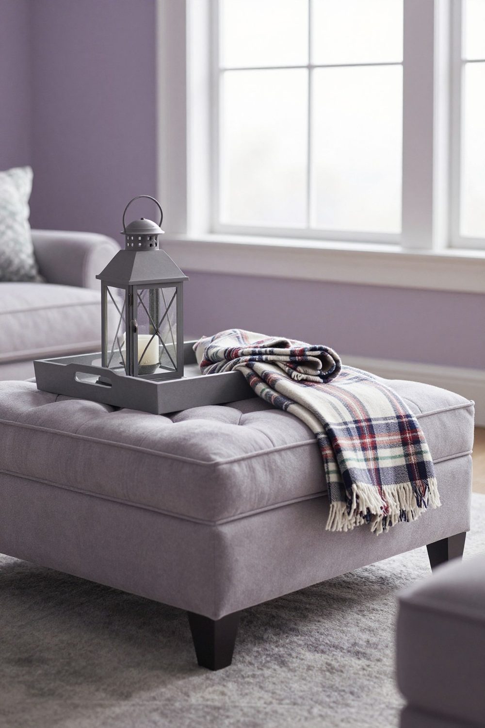 Ottoman coffee table with a large tray holding a lantern and a plaid throw