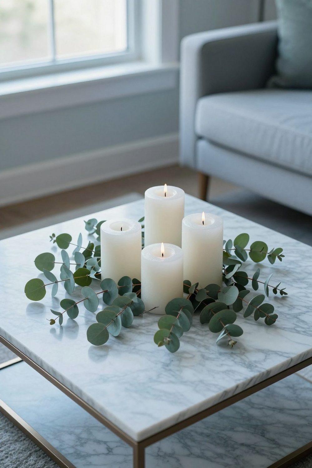 Three battery pillar candles of different heights on a marble coffee table with eucalyptus