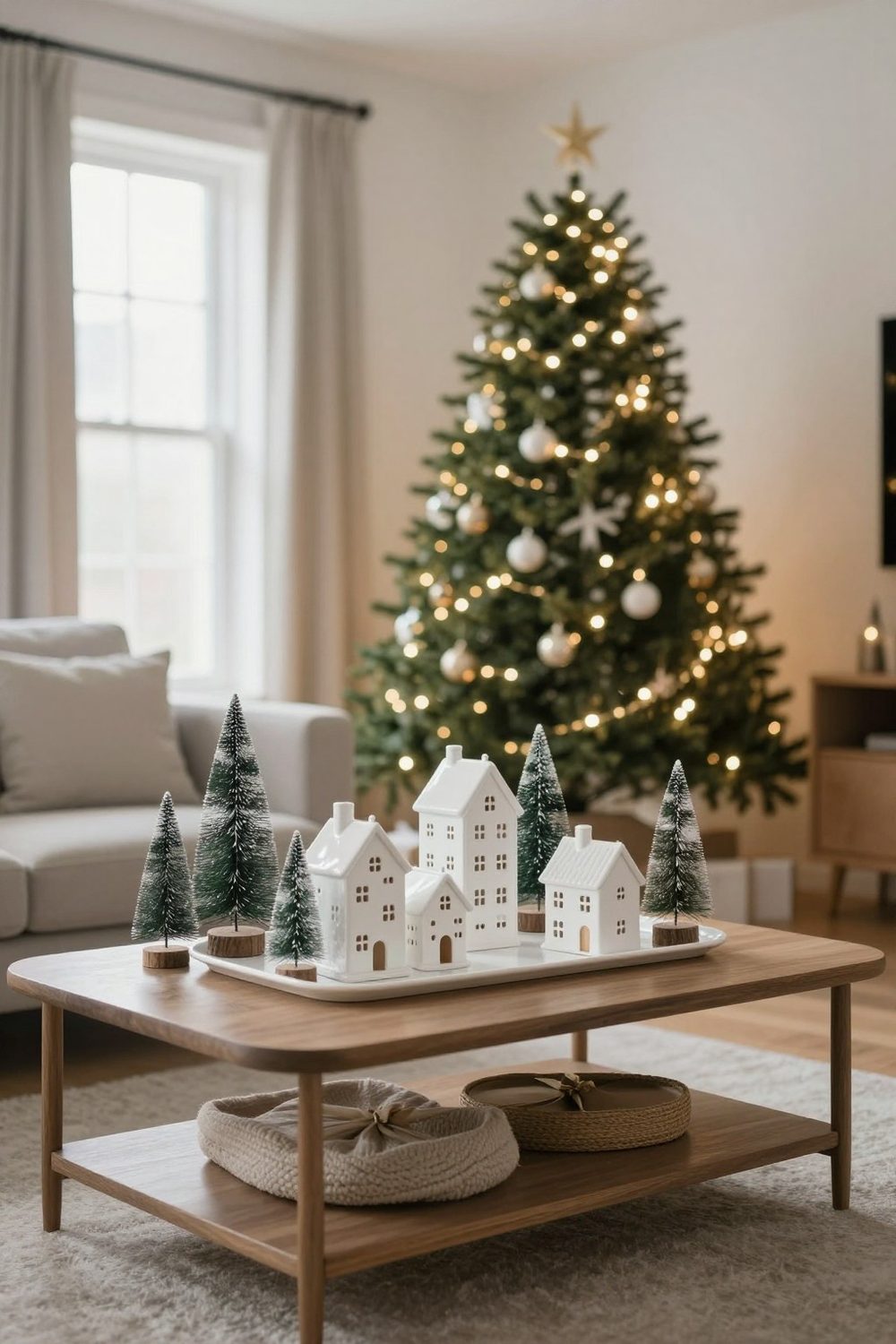 Coffee table with a small Christmas village of white houses and bottle-brush trees