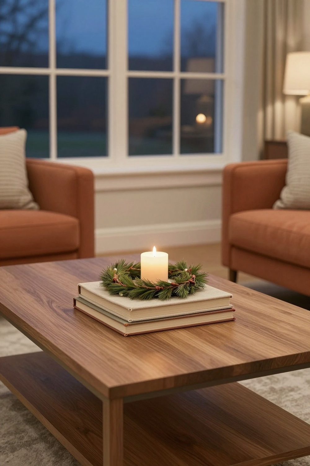 Coffee table with a stack of cloth-bound books and a small wreath laid flat around a candle