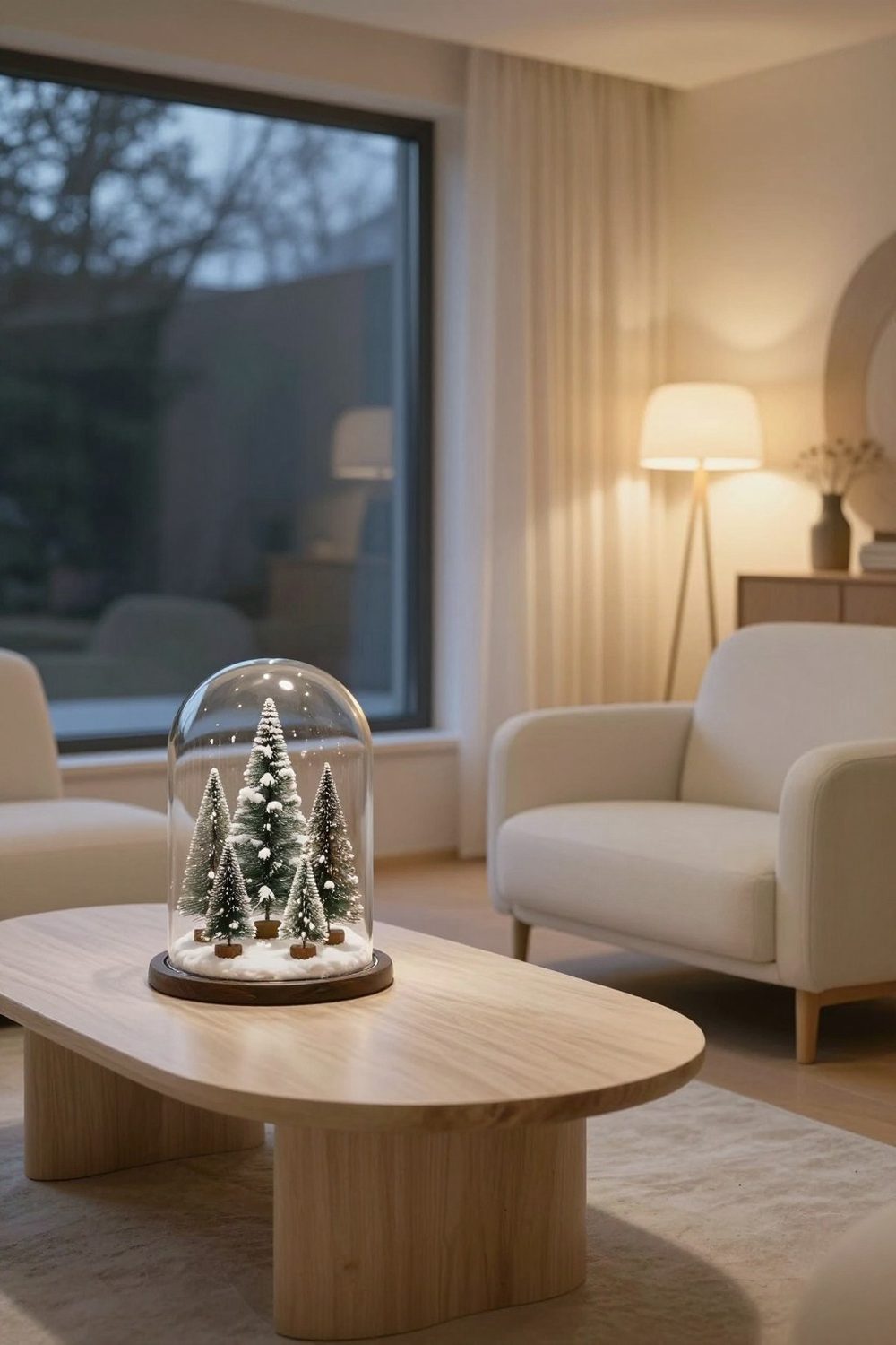 Glass cloche with a miniature snowy scene and tiny trees on a coffee table